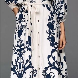 Anthropologie White Dress with Navy Blue Floral Print